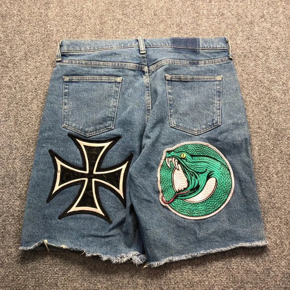 Mens Custom Vintage Patchwork Denim Shorts Light Wash Relaxed Fit Size 32